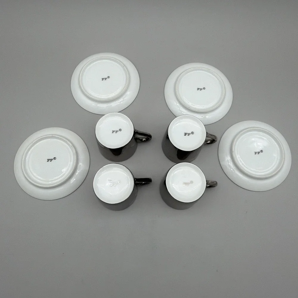 Fitz & Floyd Silver Demitasse Espresso Cups & Saucers Set 4 FF Stamp